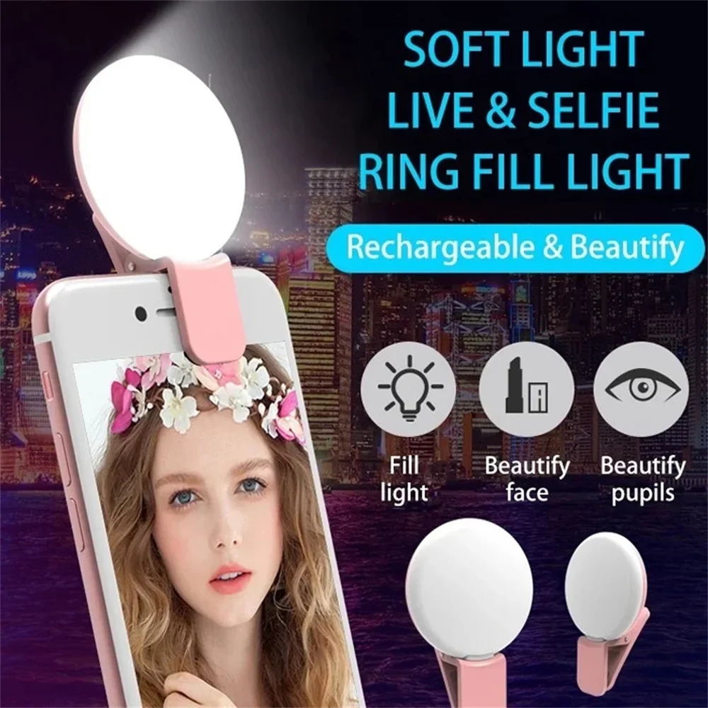 Mini Selfie Ring Light Portable LED Lamp USB Charging Photography Clip Ring Light Universal Mobile Phone Live Video Beauty Lamp