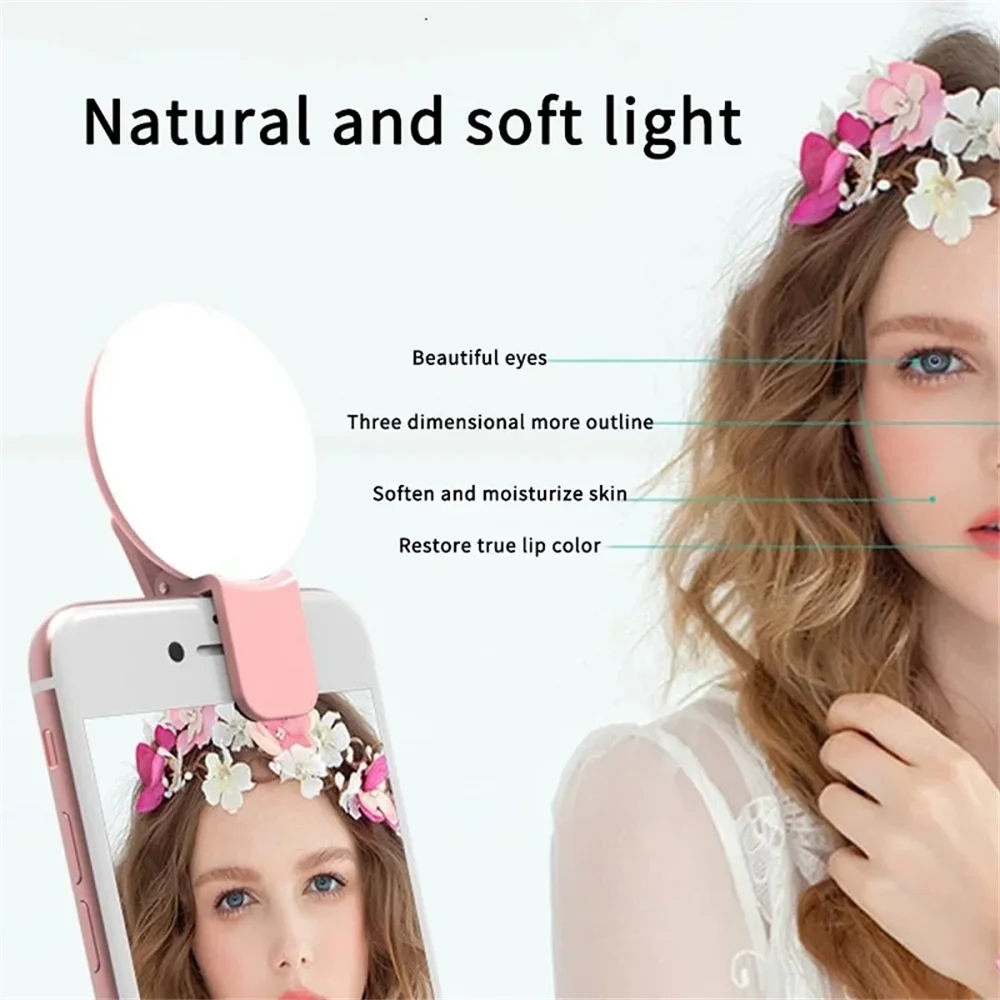 Mini Selfie Ring Light Portable LED Lamp USB Charging Photography Clip Ring Light Universal Mobile Phone Live Video Beauty Lamp