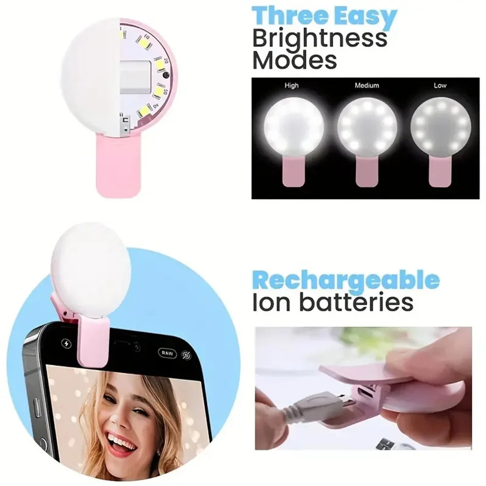 Mini Selfie Ring Light Portable LED Lamp USB Charging Photography Clip Ring Light Universal Mobile Phone Live Video Beauty Lamp